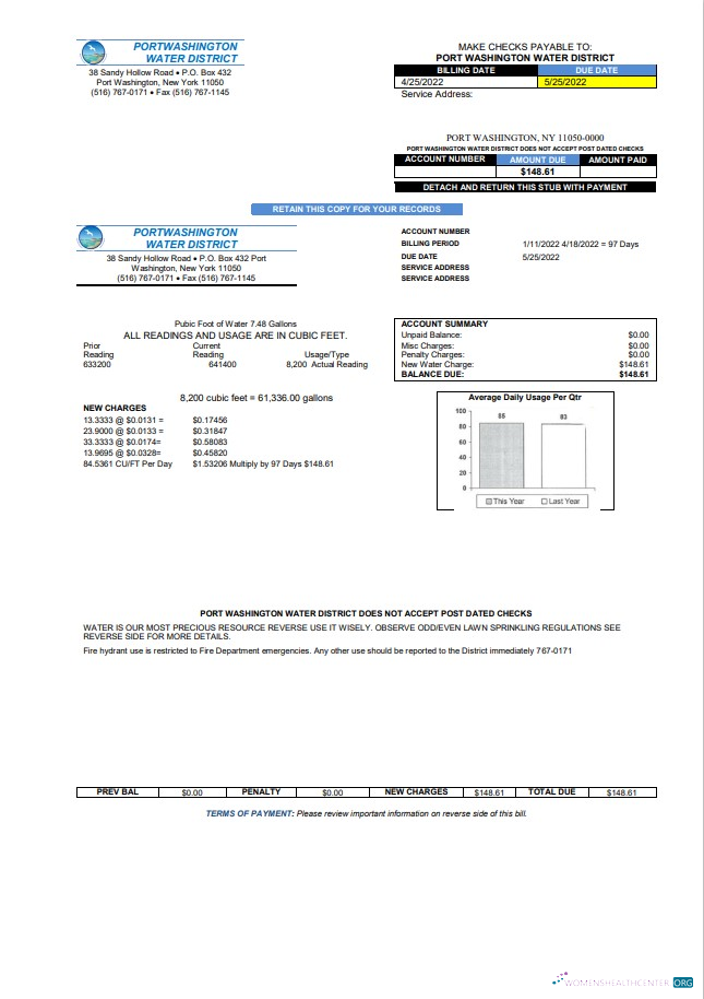 download USA New York Port Washington Water District utility bill template in Word and PDF format PDF template